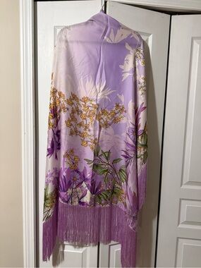 Johnny Was Scarf Lavender Floral Fringe Large Square Silk & Rayon